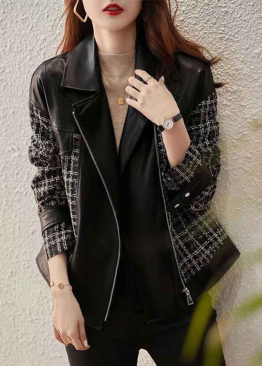 WW | Black Peter Pan Collar Zip Patchwork Faux Leather Coats