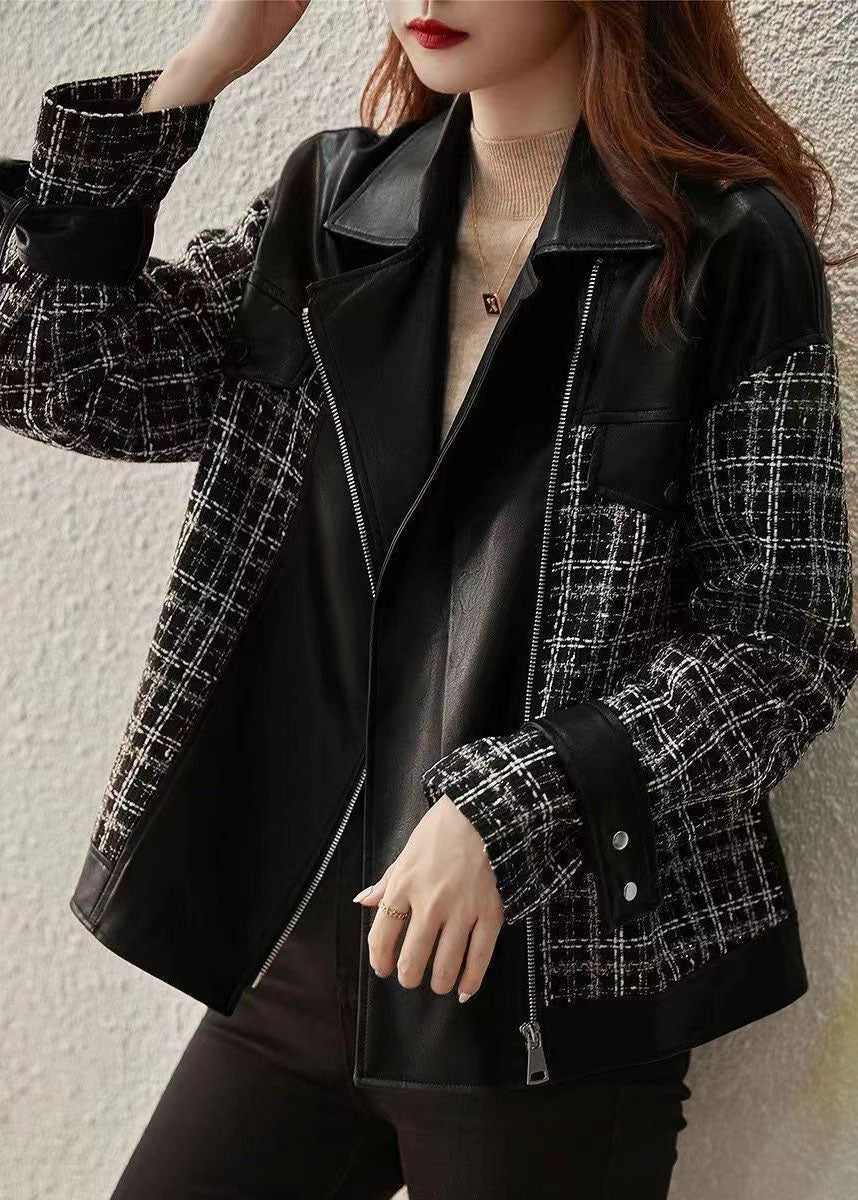 WW | Black Peter Pan Collar Zip Patchwork Faux Leather Coats