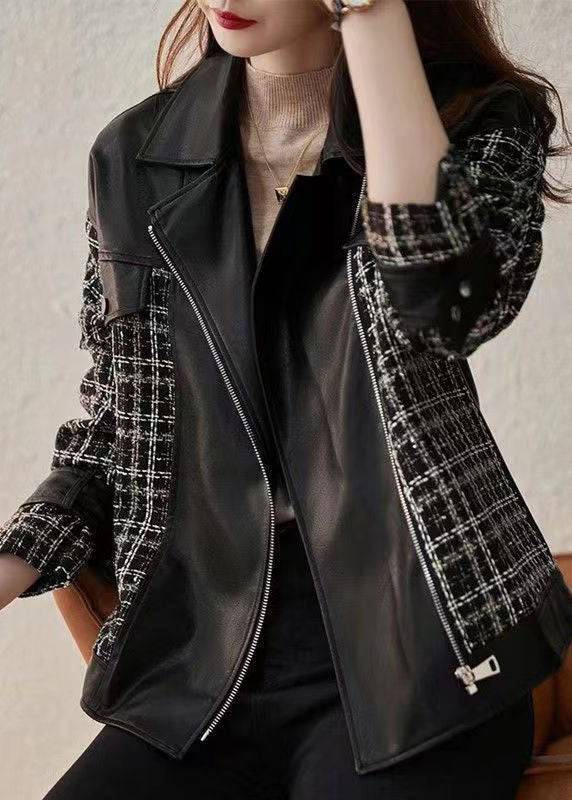WW | Schwarze Peter Pan Kragen Zip-Patchwork Kunstleder Mäntel