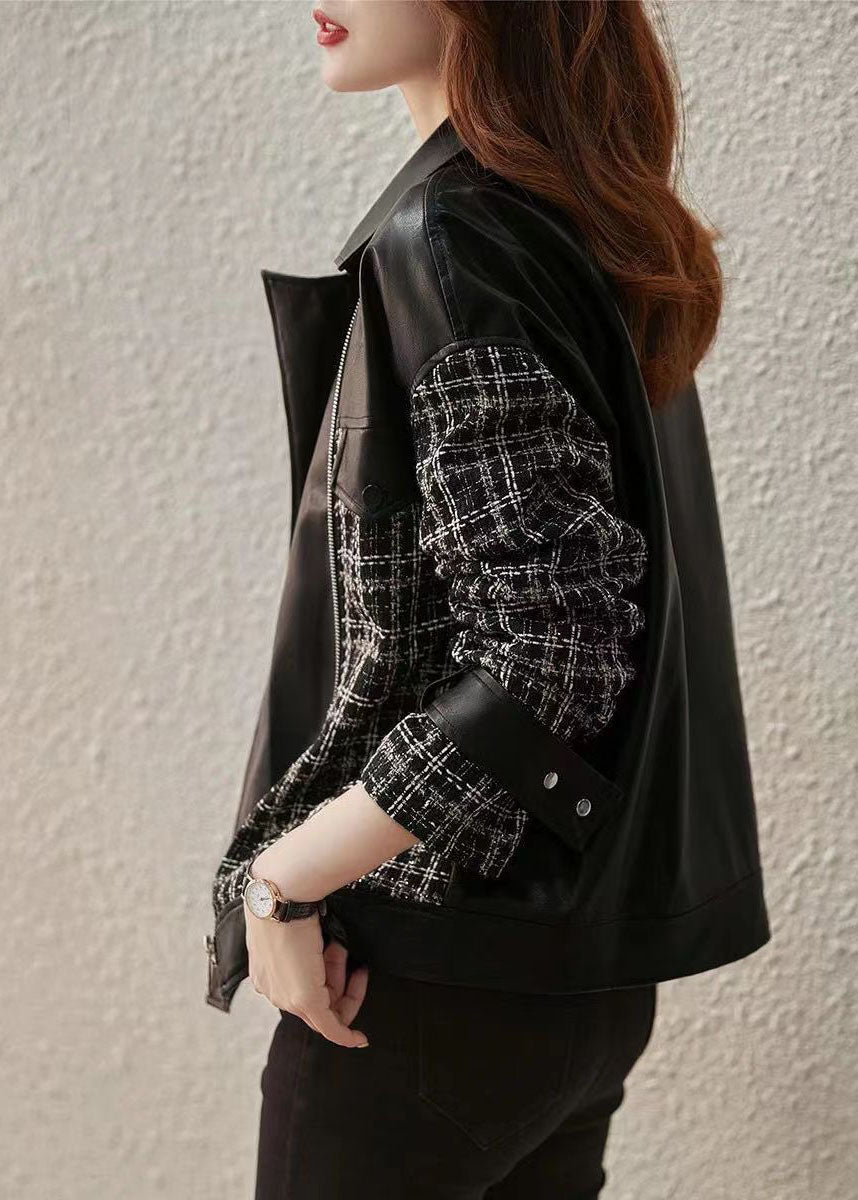 WW | Black Peter Pan Collar Zip Patchwork Faux Leather Coats