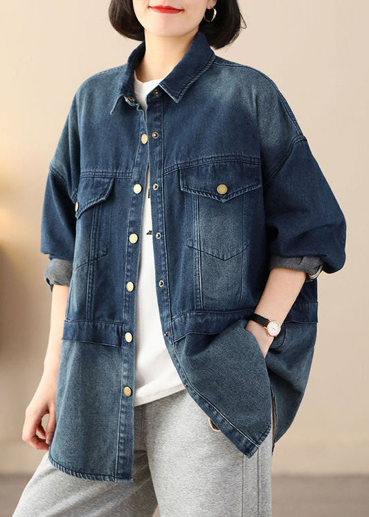 WW | Blaue Übergroße Patchwork-Taschen Baumwolle Denim Mäntel