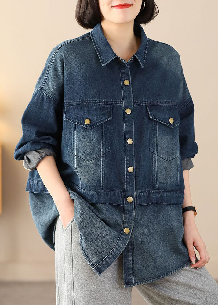 WW | Blue Oversized Patchwork Pockets Cotton Denim Coats