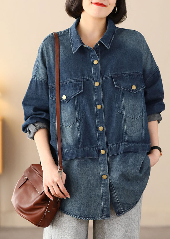 WW | Blue Oversized Patchwork Pockets Cotton Denim Coats