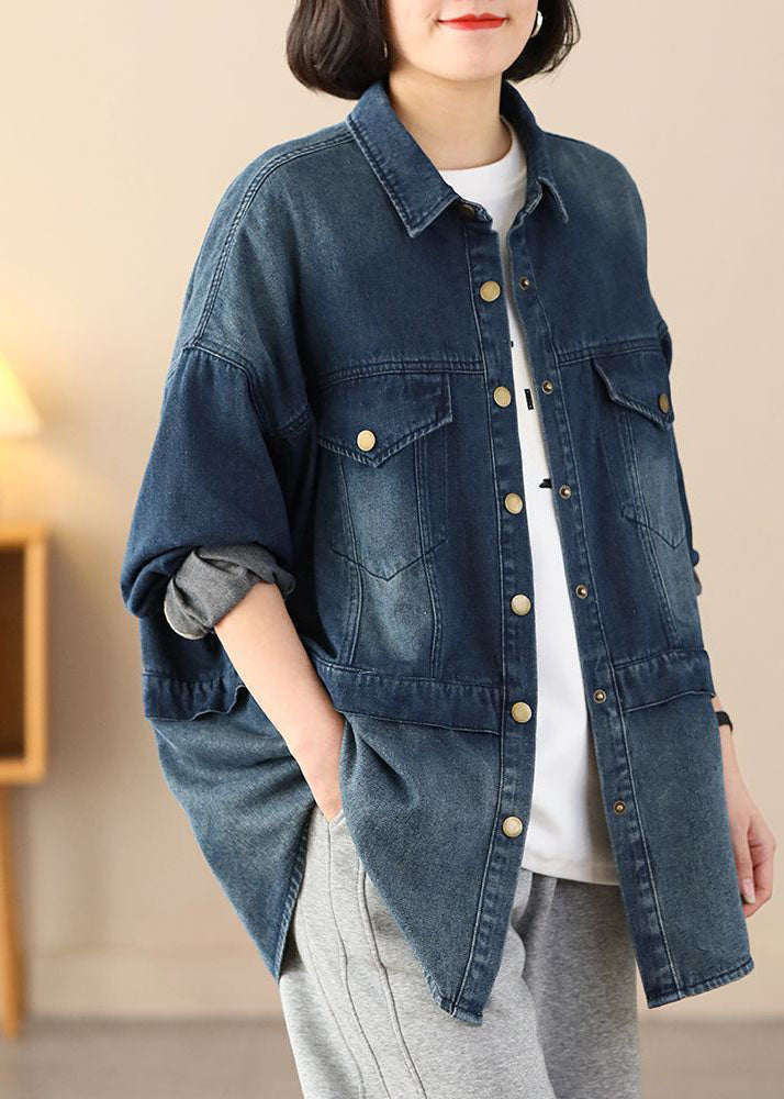 WW | Blue Oversized Patchwork Pockets Cotton Denim Coats