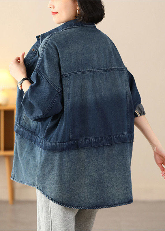 WW | Blue Oversized Patchwork Pockets Cotton Denim Coats
