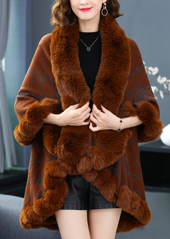 WW | Caramel V-Neck Print Low High Design Patchwork Wool Coats