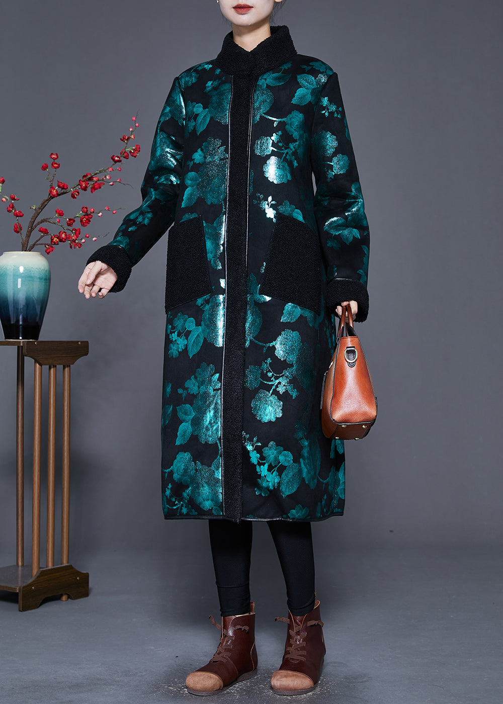 WW | Green Print Thick Fleece Wool Lined Coats Winter