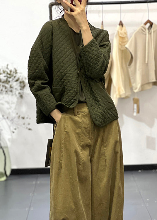 WW | Green V-Neck Pockets Button Fine Cotton-Filled Jackets Winter