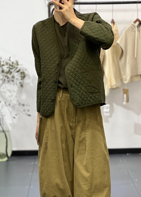 WW | Green V-Neck Pockets Button Fine Cotton-Filled Jackets Winter