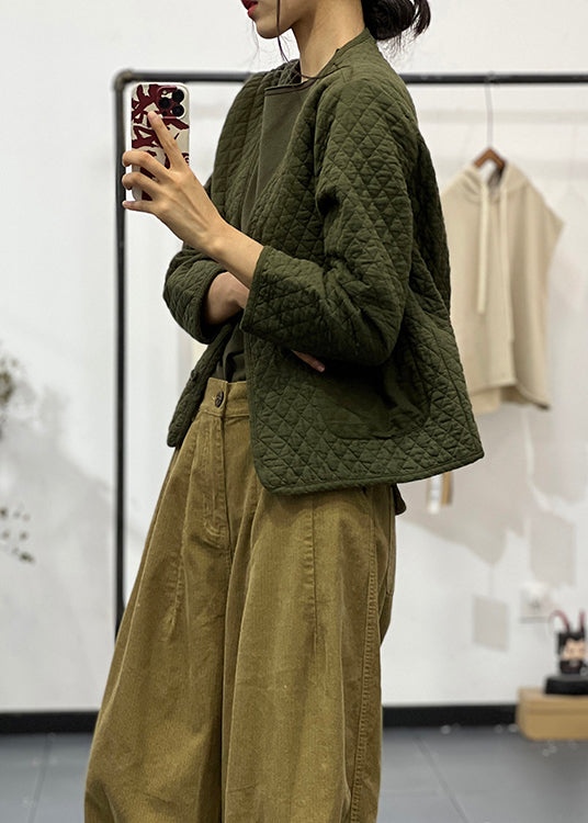 WW | Green V-Neck Pockets Button Fine Cotton-Filled Jackets Winter