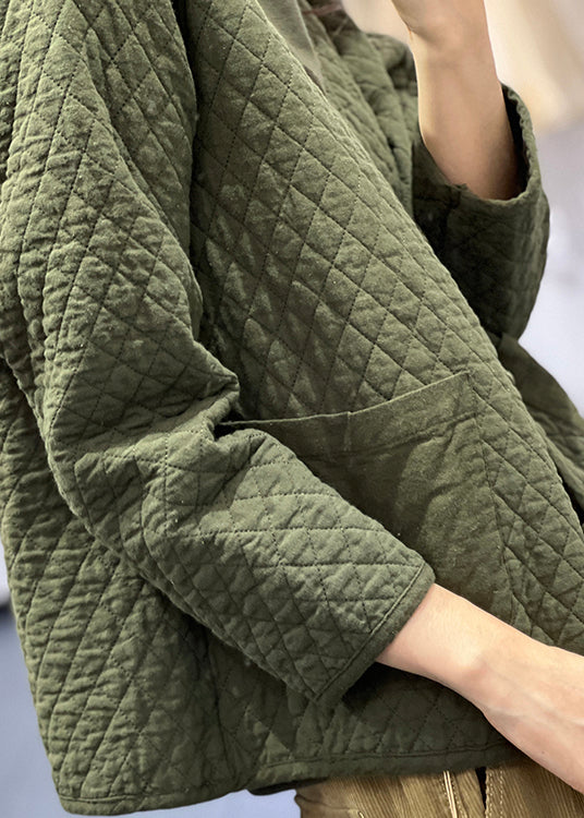 WW | Green V-Neck Pockets Button Fine Cotton-Filled Jackets Winter