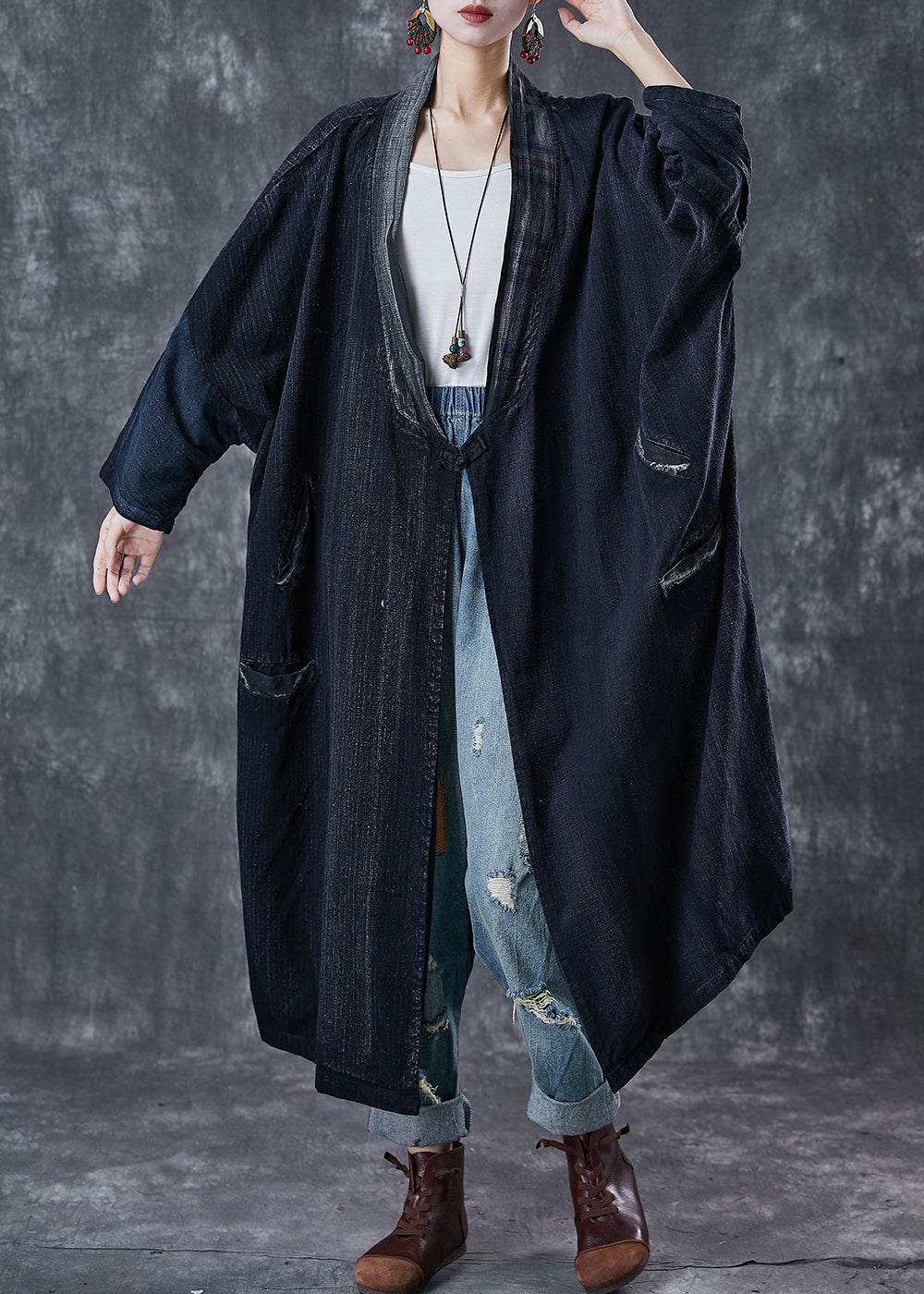 WW | Marine Oversized Chinese Button Cotton Trench Coats