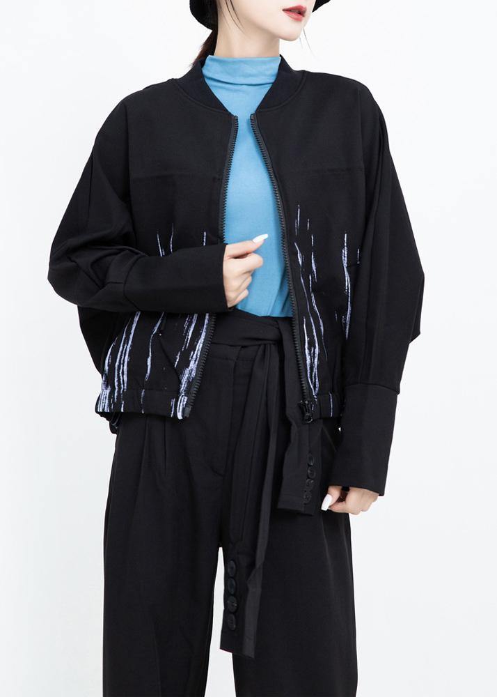 WW | Elastic Hem Plus Size Printed Women's Clothing Black Everyday Coats