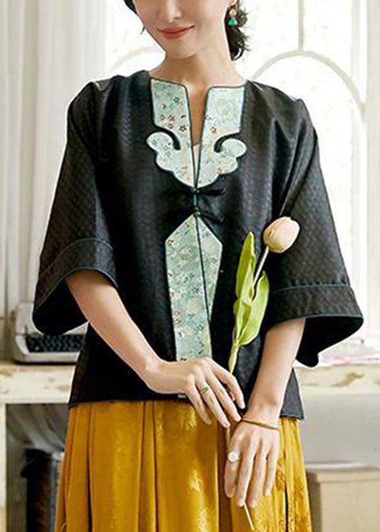 WW | Black Scoop Neck Embroidered Patchwork Silk Coats