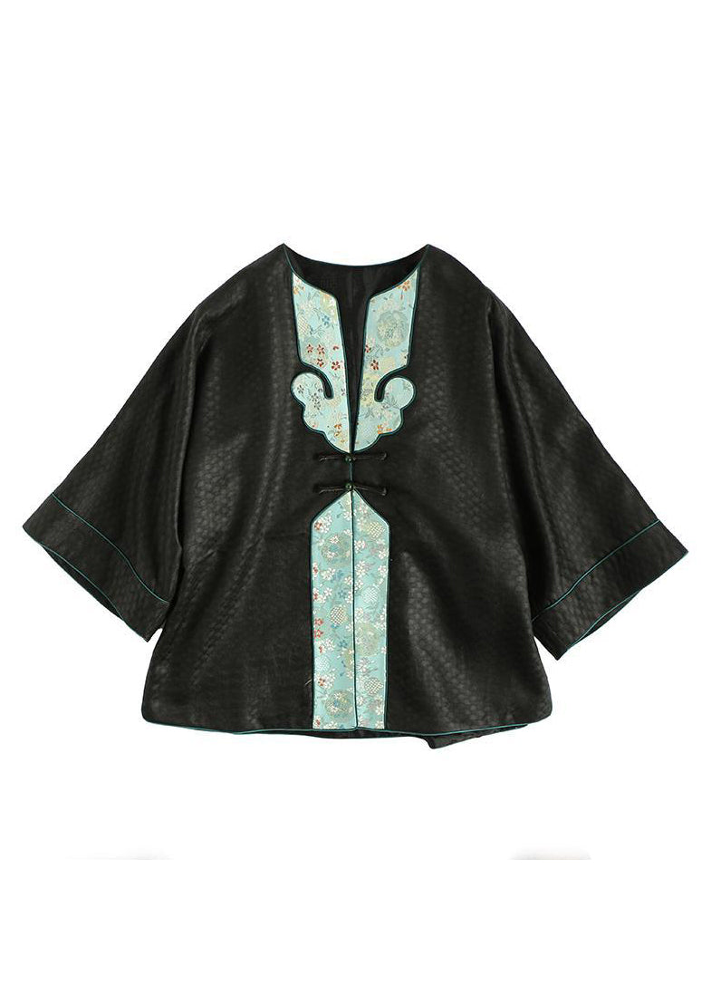 WW | Black Scoop Neck Embroidered Patchwork Silk Coats