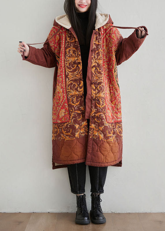 WW | Roter Kapuzenbestickter Warmer Fleece Fein Baumwollgefüllter Mantel Winter
