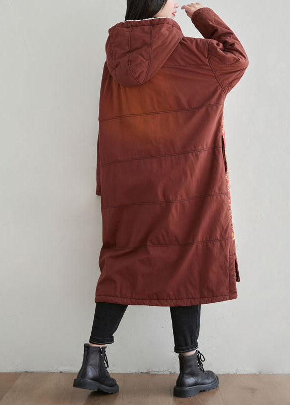 WW | Roter Kapuzenbestickter Warmer Fleece Fein Baumwollgefüllter Mantel Winter