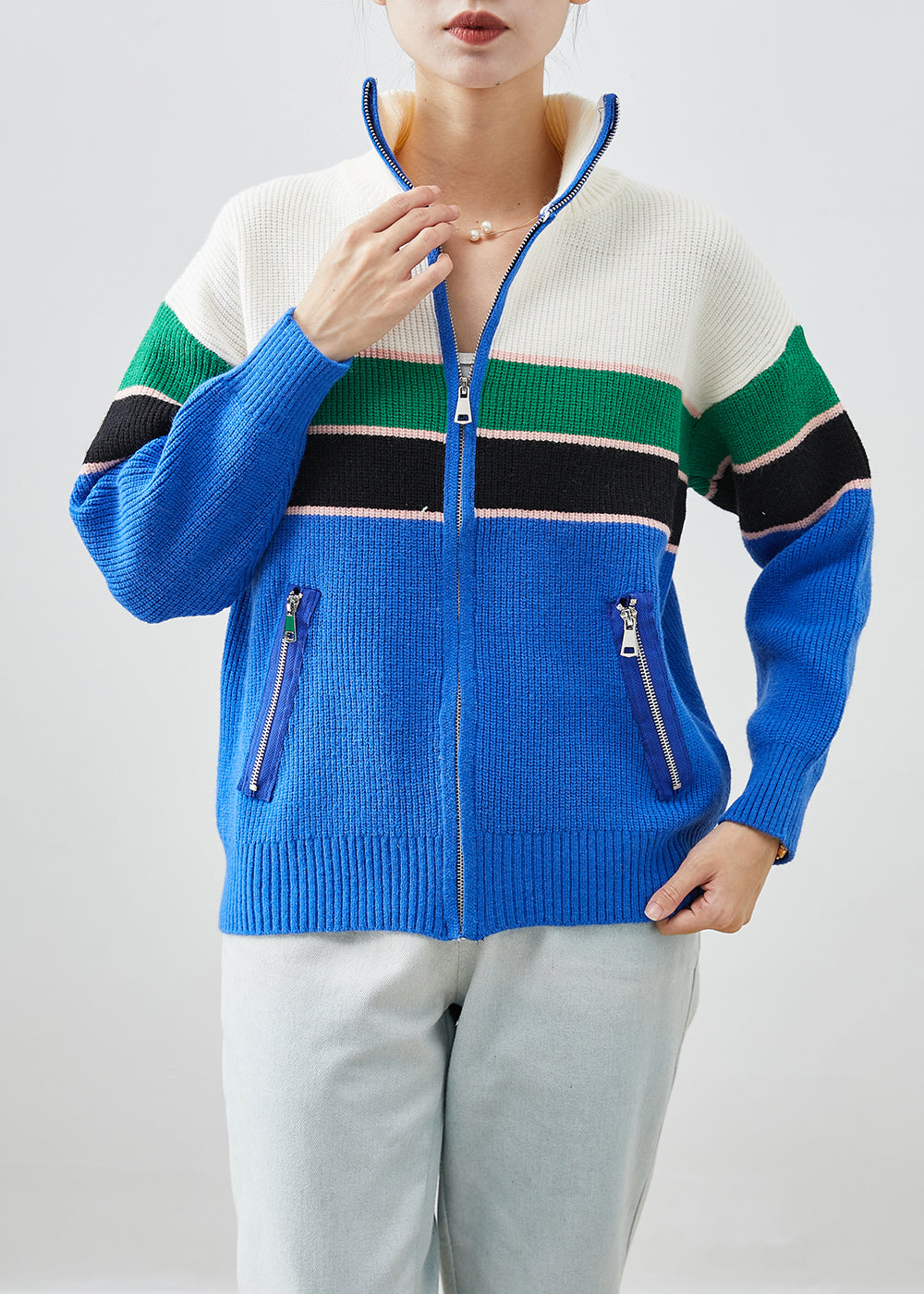 WW | Design Blue Zip-Up Patchwork Knitted Cardigans
