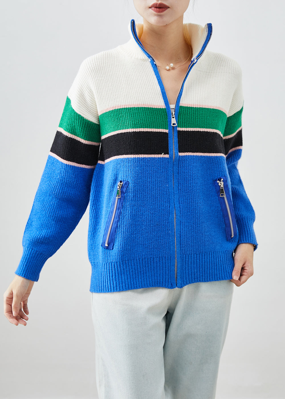 WW | Design Blue Zip-Up Patchwork Knitted Cardigans