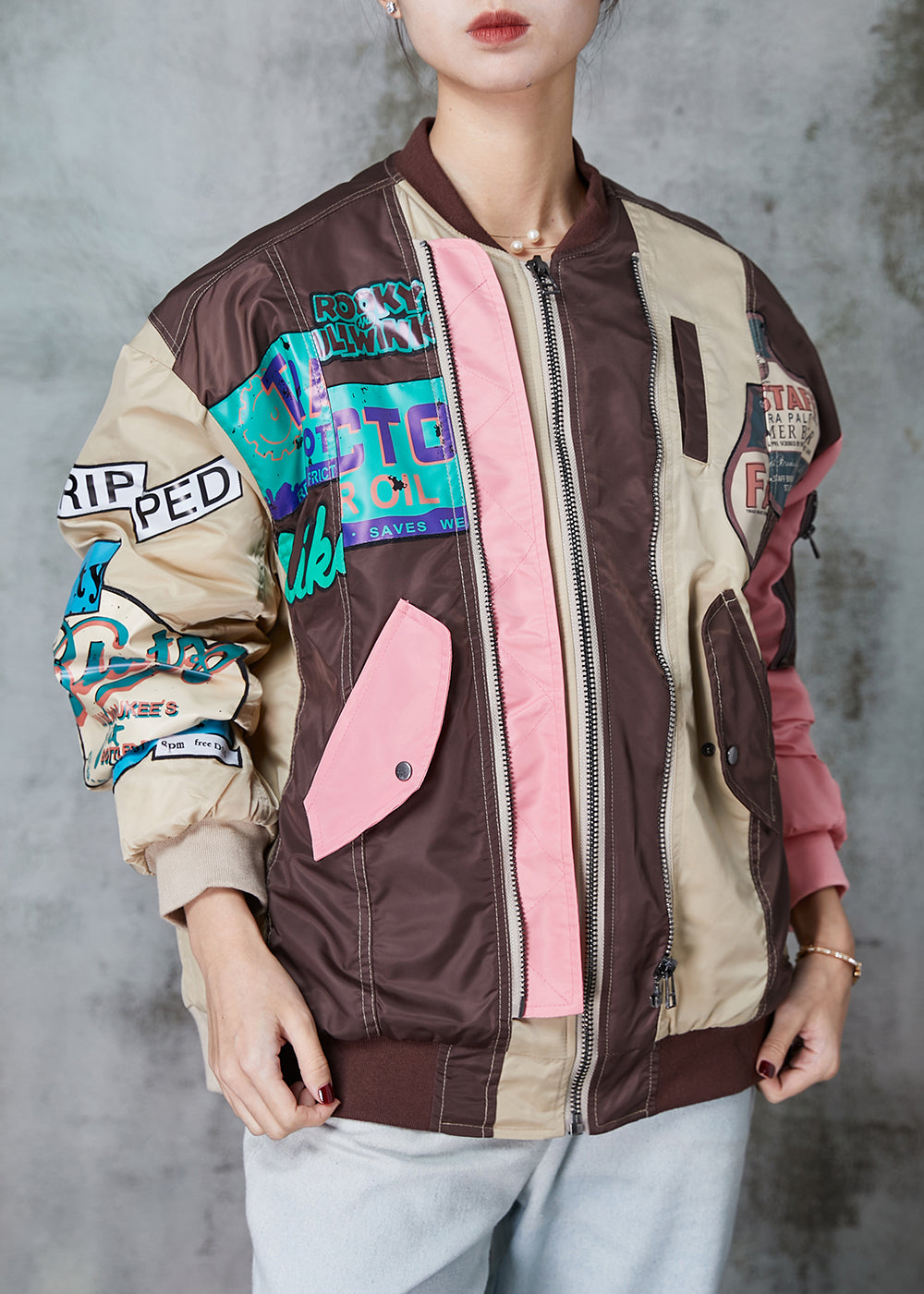WW | Design Colorblock Zip Up Patchwork Fine Cotton-Filled Coats