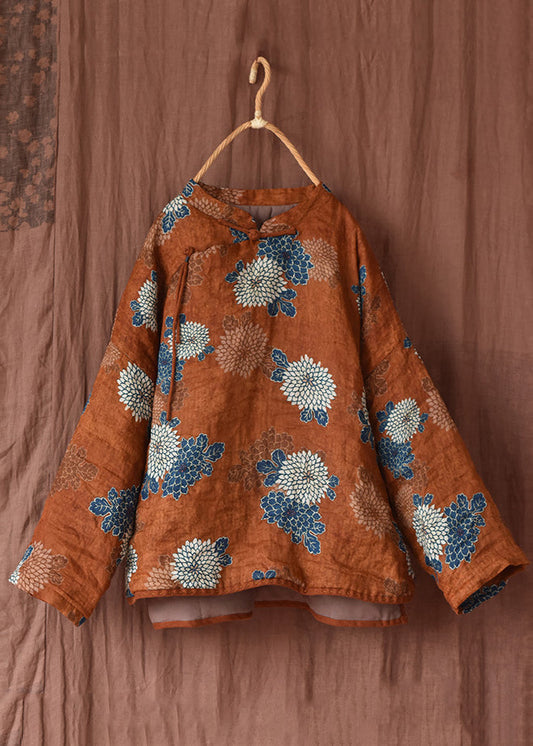 WW | Orange Print Stehkragen Patchwork Feine Baumwollgefüllte Mäntel Winter