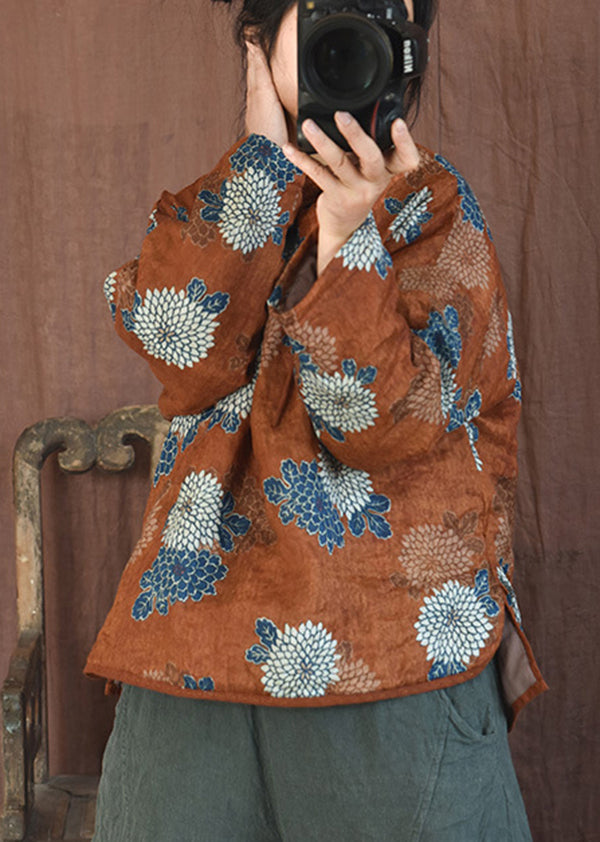 WW | Orange Print Stehkragen Patchwork Feine Baumwollgefüllte Mäntel Winter