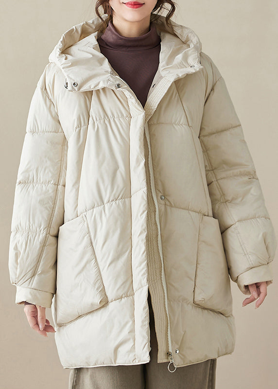 WW | Beige Hooded Pockets Fine Cotton Filled Puffer Coats Winter