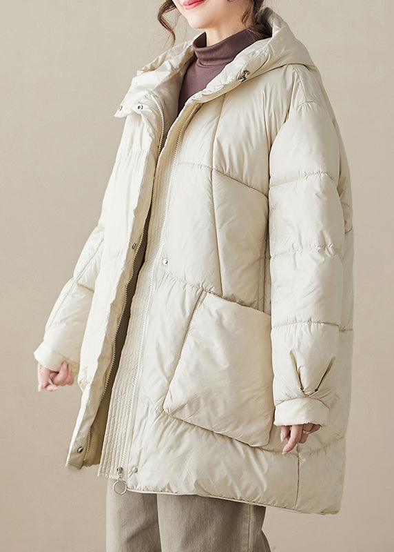 WW | Beige Hooded Pockets Fine Cotton Filled Puffer Coats Winter