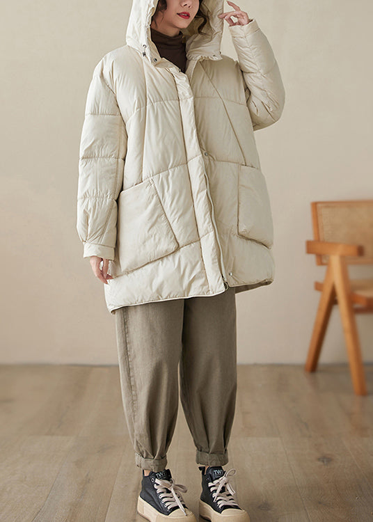 WW | Beige Hooded Pockets Fine Cotton Filled Puffer Coats Winter