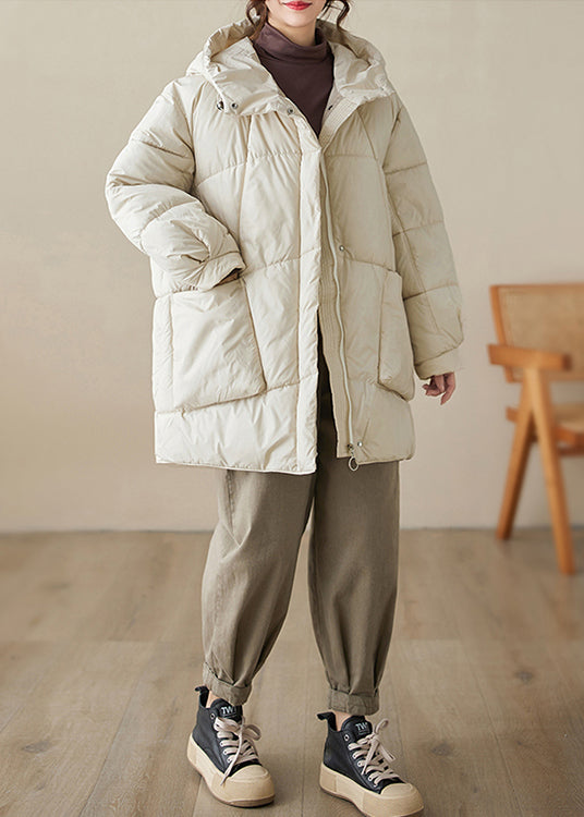 WW | Beige Hooded Pockets Fine Cotton Filled Puffer Coats Winter