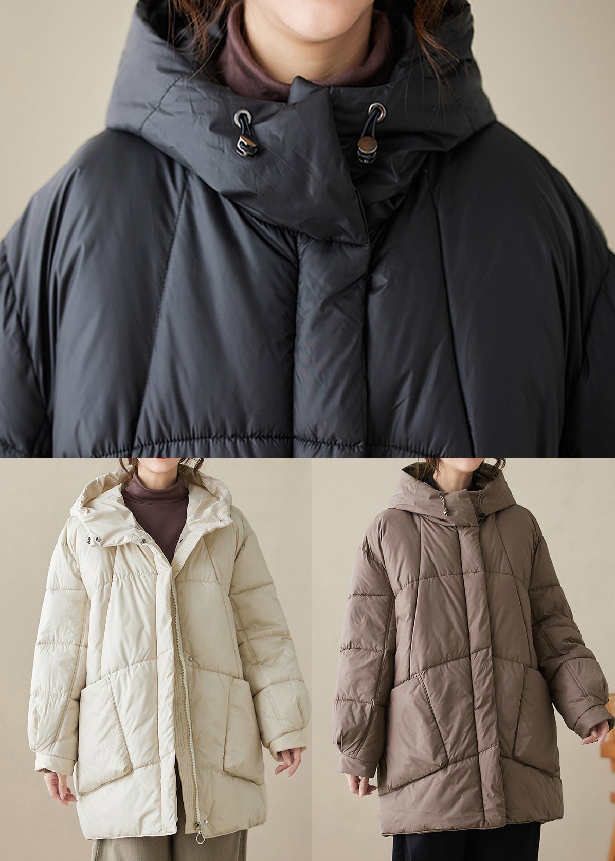 WW | Beige Hooded Pockets Fine Cotton Filled Puffer Coats Winter