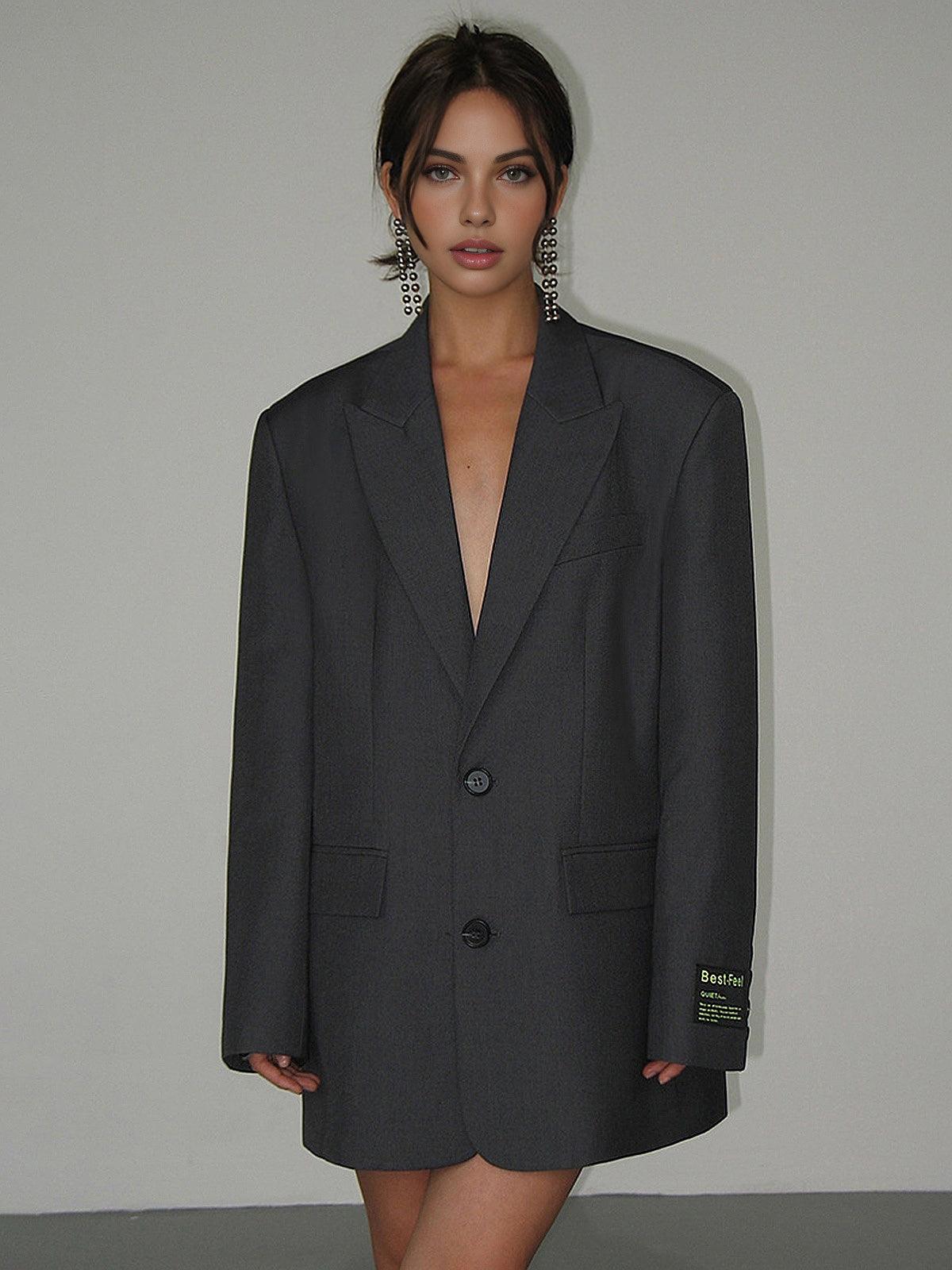 WW | Blazer Damen Graue Einreihige Lange Blazerjacke