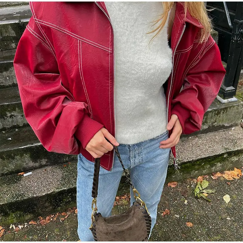 WW | BomberJacke Rotes Bomberjacke Aus Kunstleder für Damen