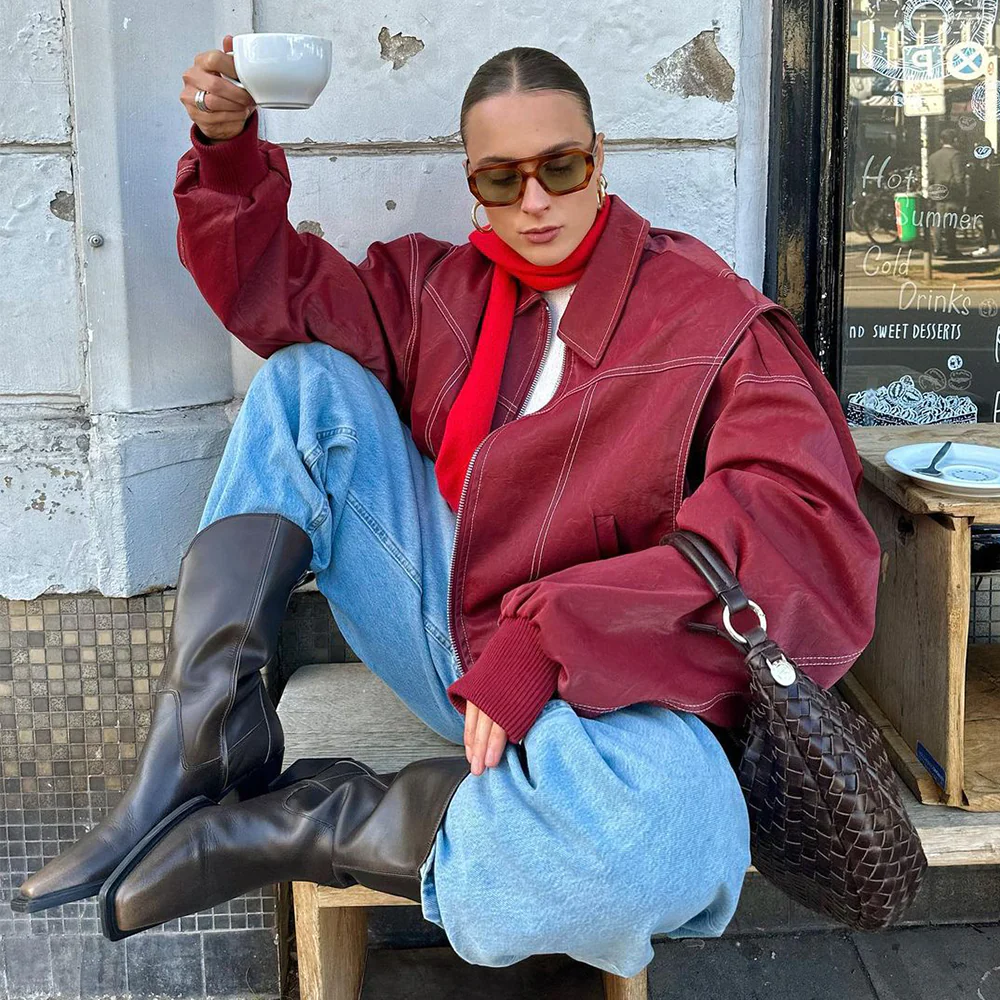 WW | BomberJacke Rotes Bomberjacke Aus Kunstleder für Damen