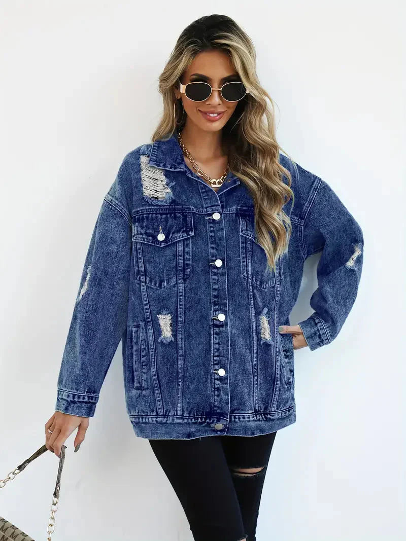 WW | Denim Jacke Zerfetzt Lockere Passform Denim Jacke Damenjacke