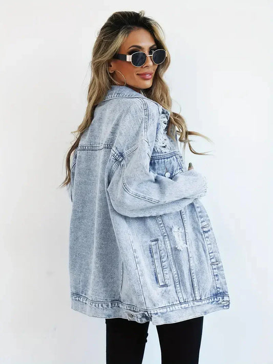 WW | Denim Jacke Zerfetzt Lockere Passform Denim Jacke Damenjacke