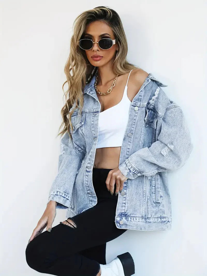 WW | Denim Jacke Zerfetzt Lockere Passform Denim Jacke Damenjacke