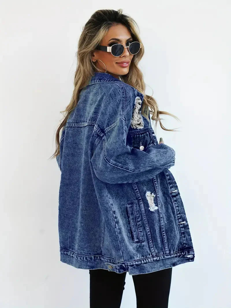 WW | Denim Jacke Zerfetzt Lockere Passform Denim Jacke Damenjacke