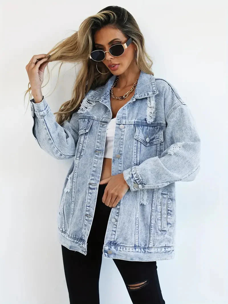 WW | Denim Jacke Zerfetzt Lockere Passform Denim Jacke Damenjacke