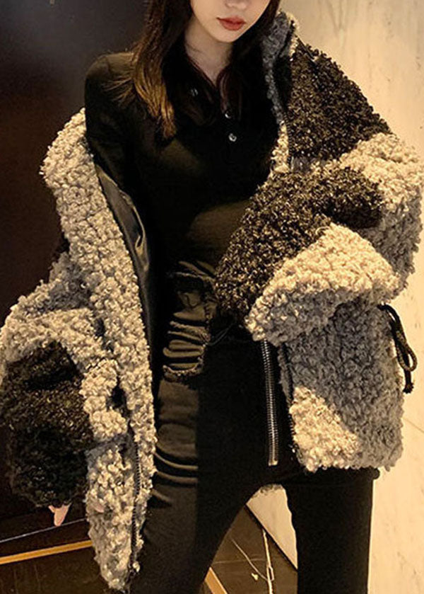 WW | Graue Stehkragen Taschen Patchwork Kunstfellmäntel Winter