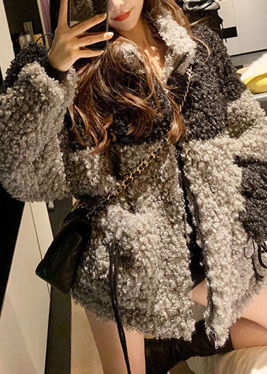 WW | Gray Stand Collar Pockets Patchwork Faux Fur Coats Winter