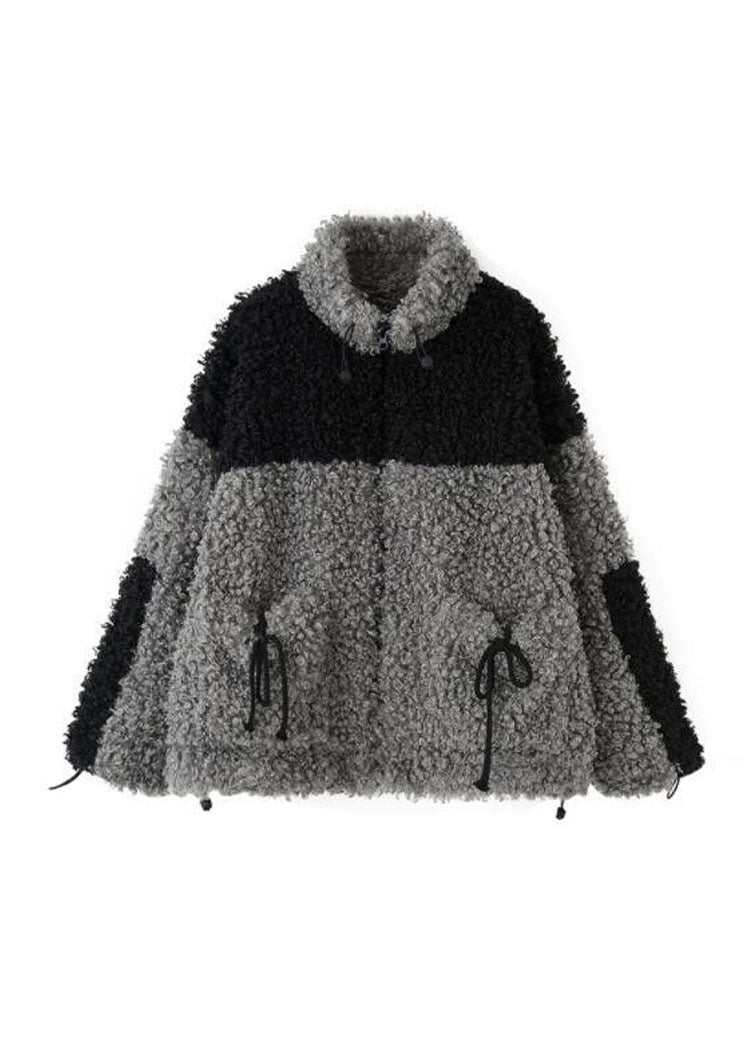 WW | Graue Stehkragen Taschen Patchwork Kunstfellmäntel Winter