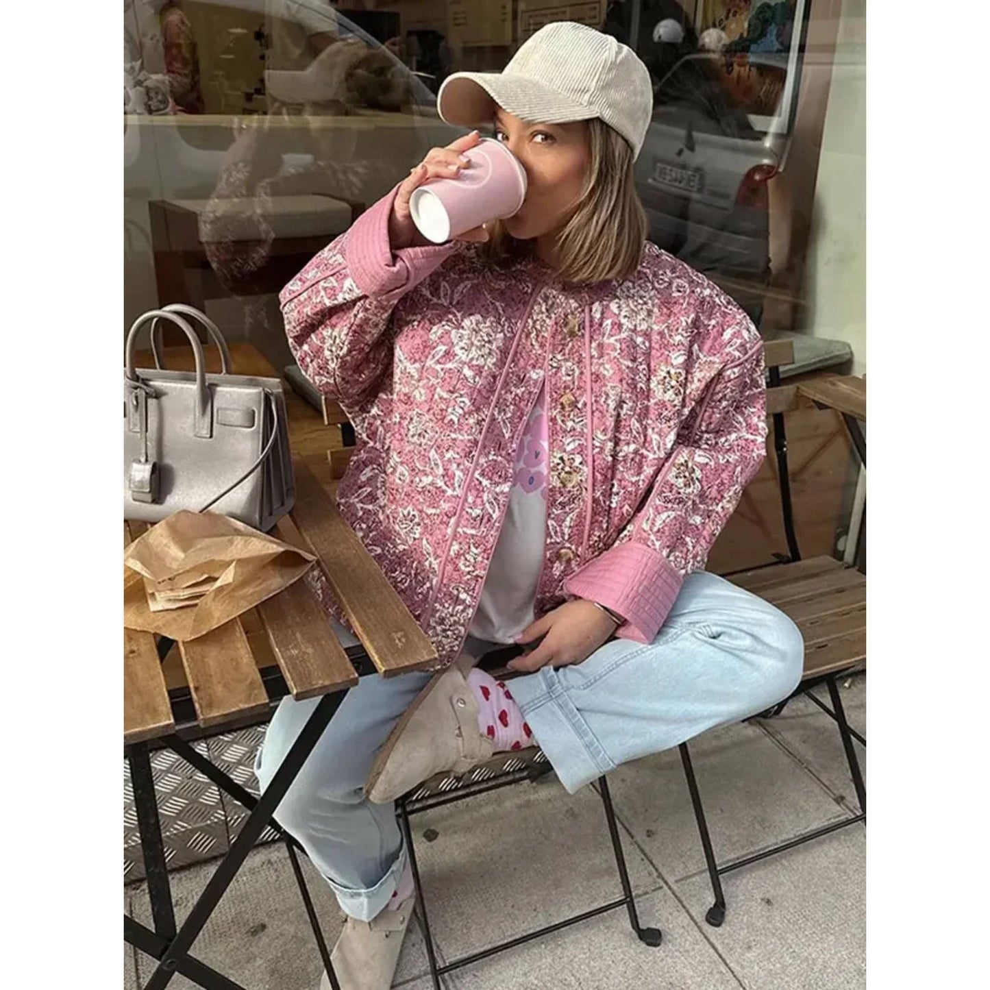 WW | Jacke Damenjacke mit Blumenmuster in Rosa, Dünn Gesteppt