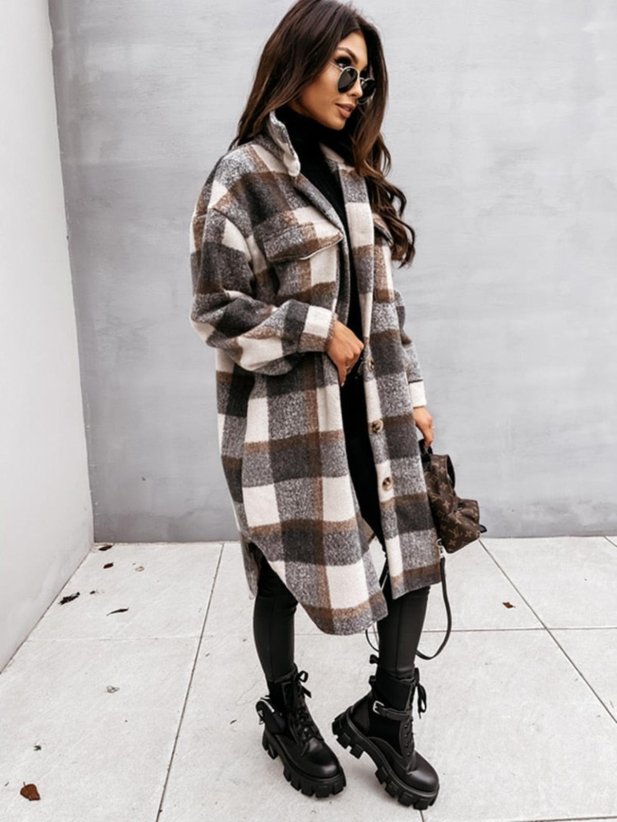 WW | Übergröße Karo Wolljacke Für Damen