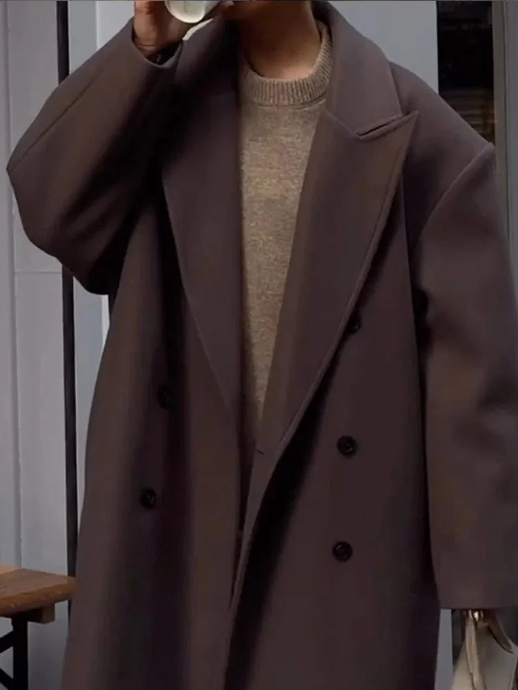 WW | Women's Wool Jacket with Double-Breasted Buttons and Long Wool Collar