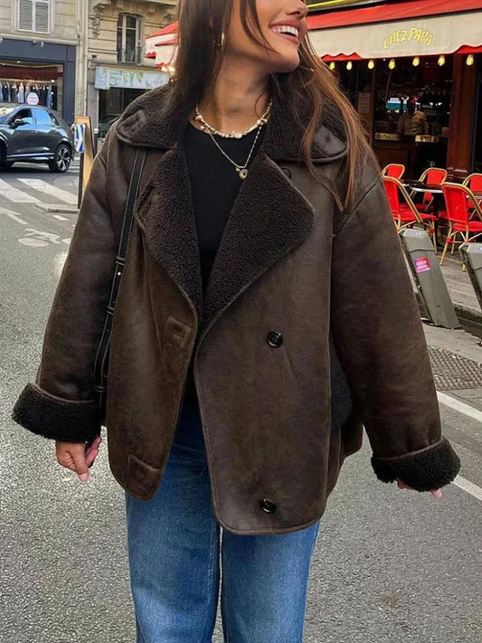 WW | Lederjacke Weinlese Winter Fleece Gefütterte Lederjacke Damenjacke