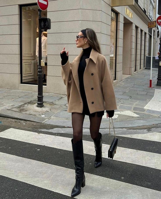 WW | Damen Oversized Beige Wolle Jack mit Knöpfen und Langen Ärmeln