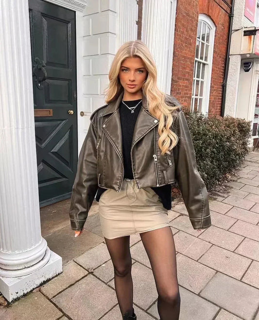 WW | Damen Lederjacke mit Reißverschluss und GürtelDetails