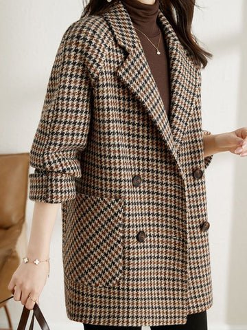 WW | Damen Vintage Trenchcoat mit Karomuster und doppelten Knöpfen