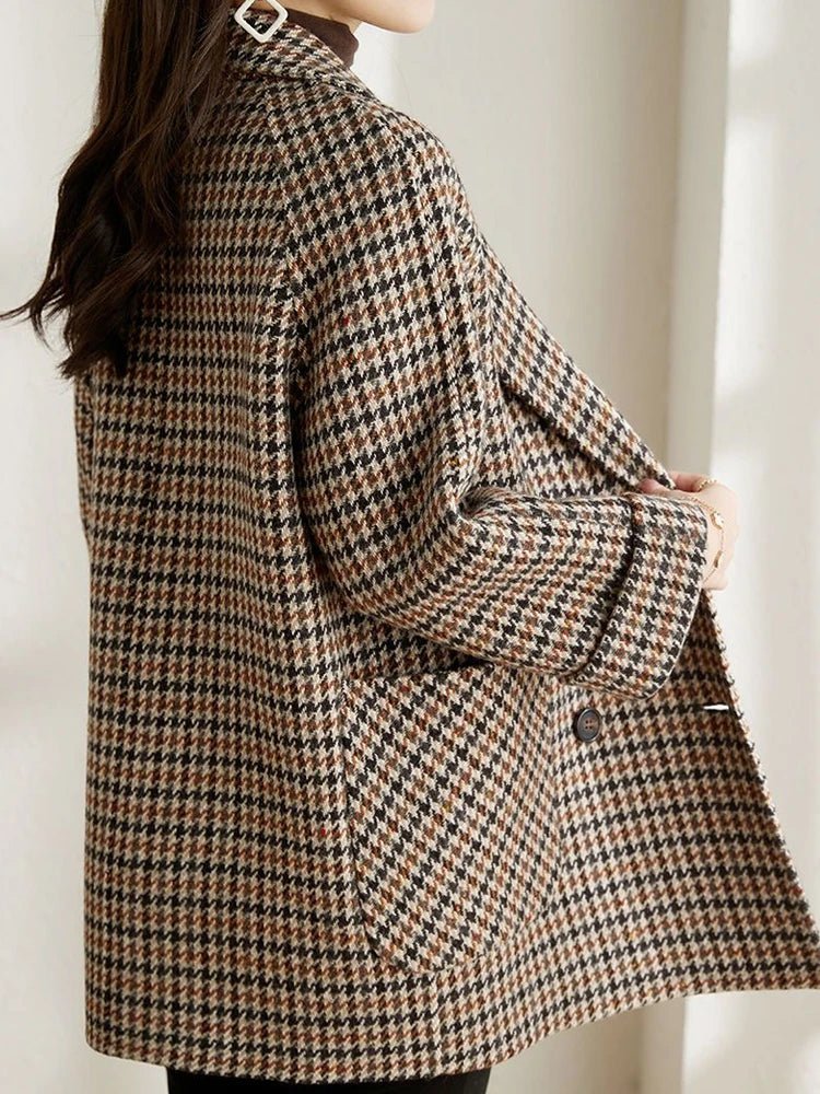 WW | Damen Vintage Trenchcoat mit Karomuster und doppelten Knöpfen